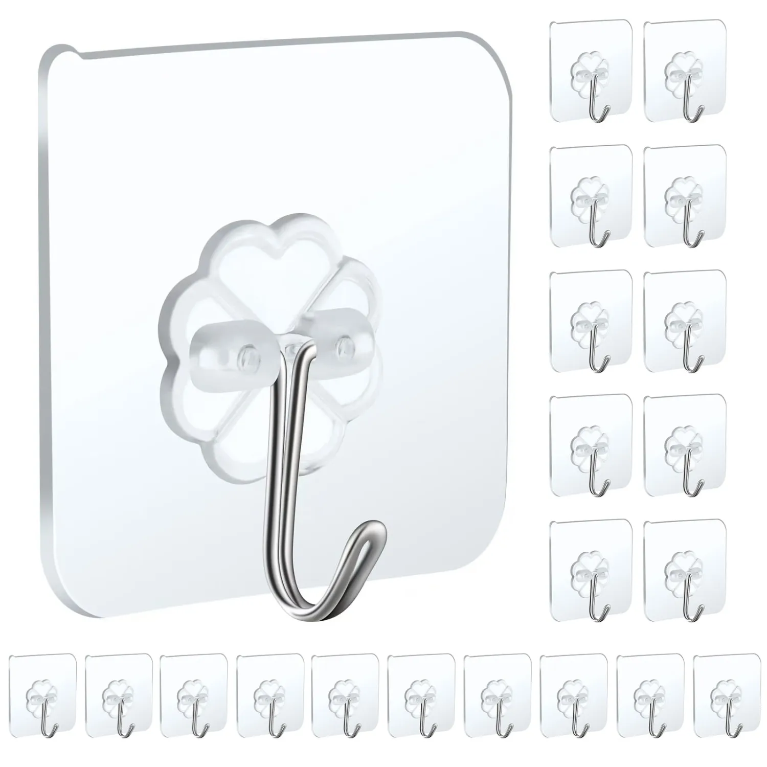 20 Packs Self Adhesive Wall Hooks Heavy Duty 22lb(Max), Waterproof Transparent Wall Hooks for Hanging Sticky Hooks Wall Hangers for Door Bathroom Shower Kitchen Outdoor Utility Hooks Hanger