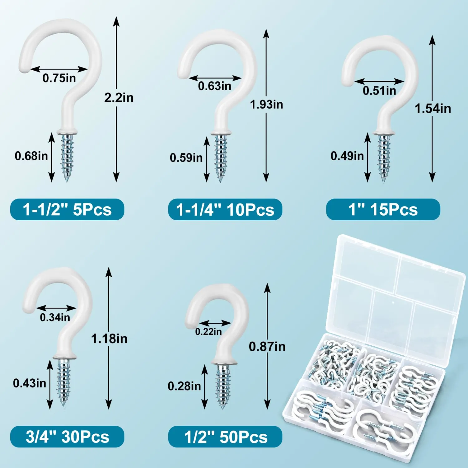 110Pcs Premium Screw Hooks, 5 Sizes White Vinyl Coated Cup Hook, from1/2 in Small Hooks to 1-1/2 in Ceiling Hooks Heavy Duty, Screw in Hooks for Hanging Plants, String Lights