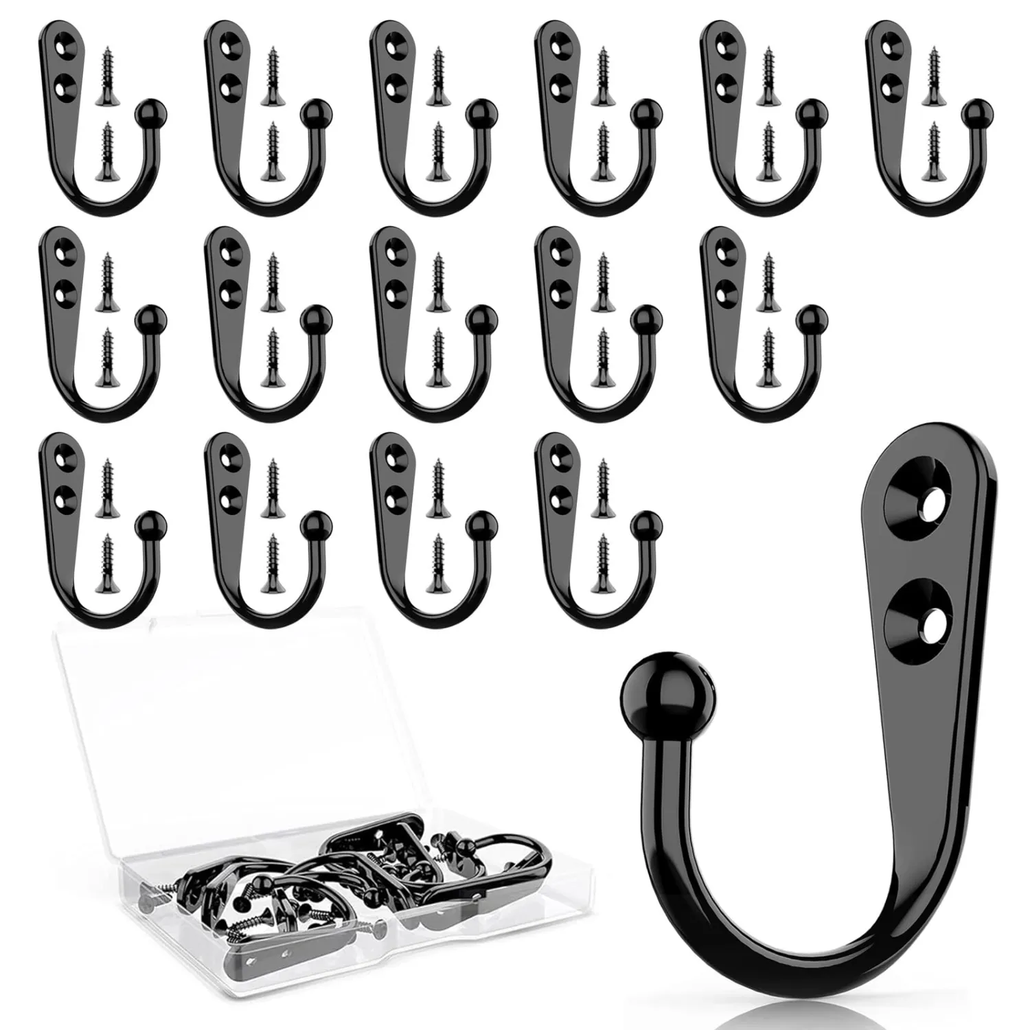 15 Pcs Black Coat Hooks - Wall Hooks for Closet Hanging, Multi-Room Use (Bathroom/Bedroom/Kitchen), Holds Coats/Towels/Scarves/Hats/Keys/Cups, Includes 30 Screws