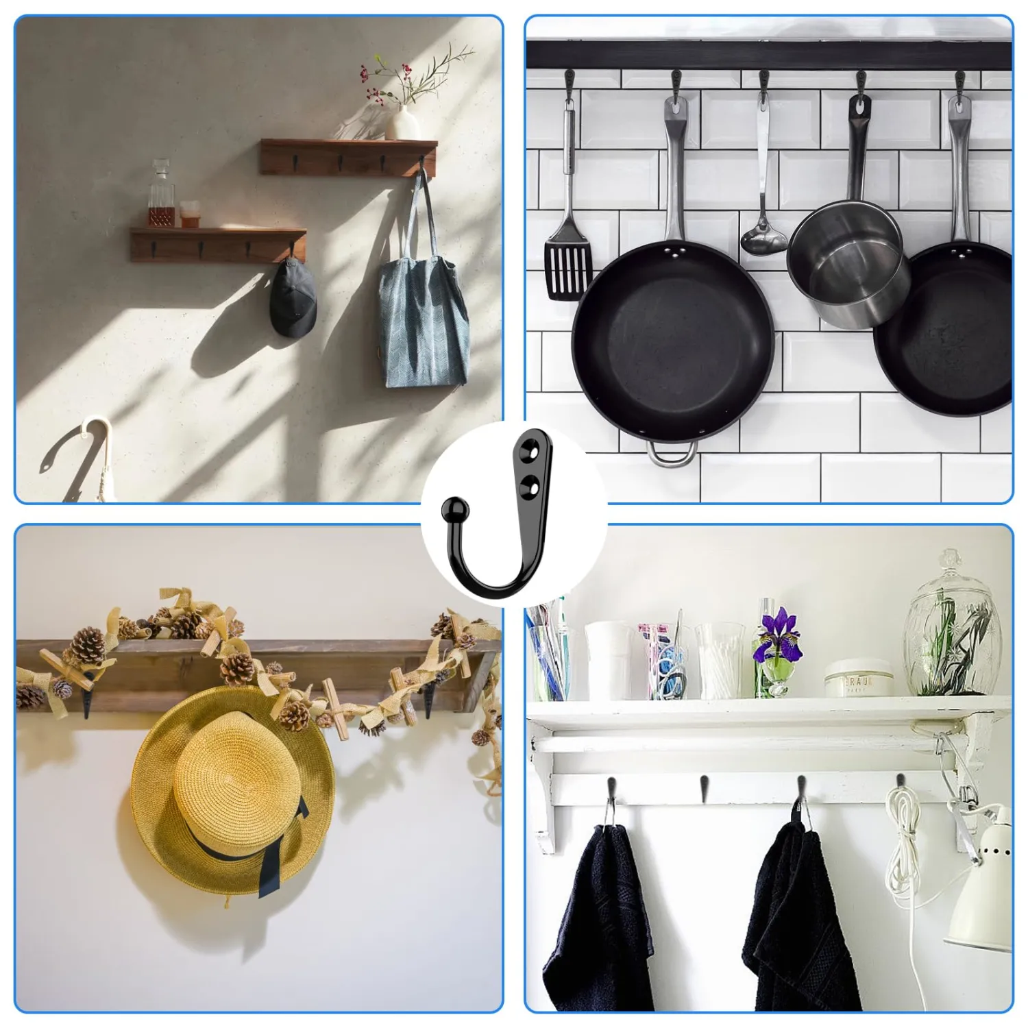 15 Pcs Black Coat Hooks - Wall Hooks for Closet Hanging, Multi-Room Use (Bathroom/Bedroom/Kitchen), Holds Coats/Towels/Scarves/Hats/Keys/Cups, Includes 30 Screws