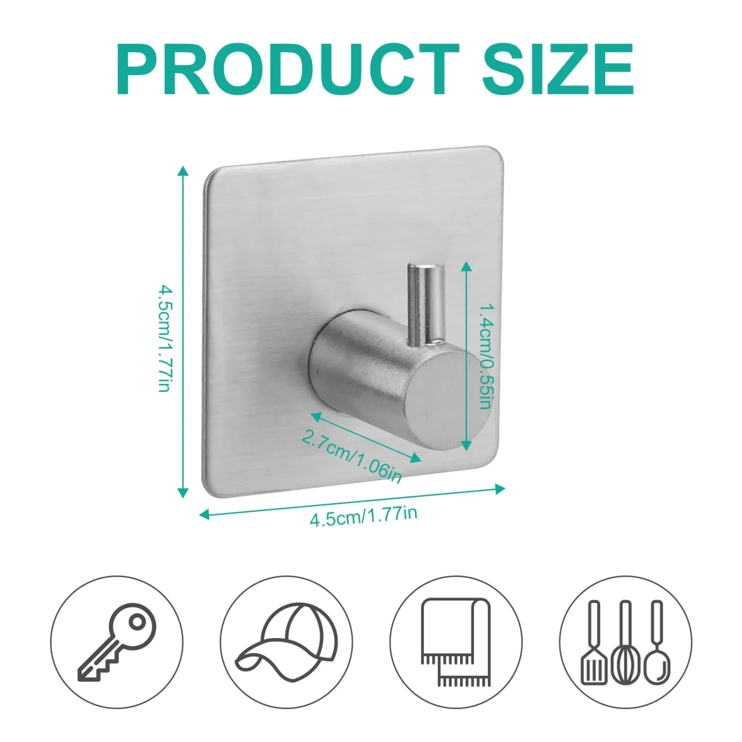 4PCS Adhesive Hooks for Hanging Heavy Duty, Waterproof Stainless Steel Wall Hooks for Shower Bathroom Kitchen, Removable Walls No Damage Sticky Hook for Towels, Robe, Coats, Hat, Keys