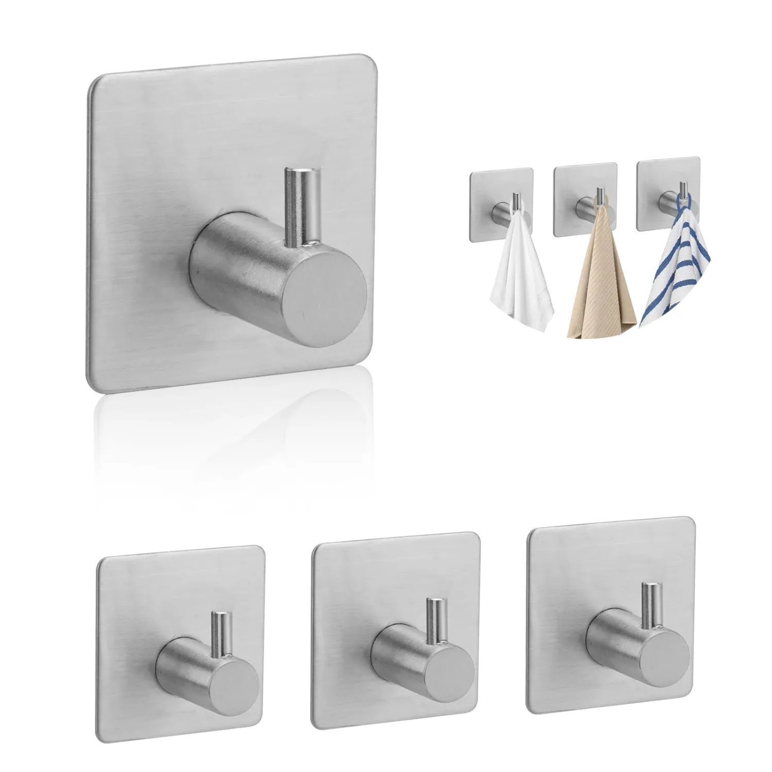 4PCS Adhesive Hooks for Hanging Heavy Duty, Waterproof Stainless Steel Wall Hooks for Shower Bathroom Kitchen, Removable Walls No Damage Sticky Hook for Towels, Robe, Coats, Hat, Keys