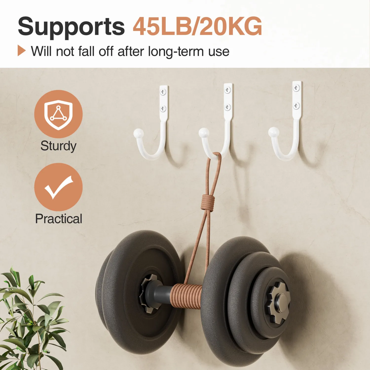 6 Pack Wall Hooks，Metal Hooks Hold up to 45 Lbs，Hooks Wall Mount for Hanging Towel/Coat/Bag/Keys/Cups，Ideal for Bathroom，Outdoor，Closet，Kitchen，Garage，White