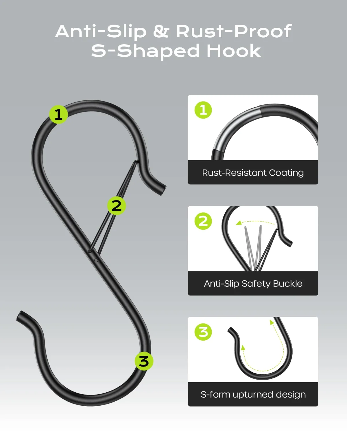 10 Pack Heavy Duty S Hooks with Safety Buckle, 3.66 Inch Anti-Drop Metal S Hooks for Closet, Kitchen Utensils, Pots, Pans, Plants and Bags