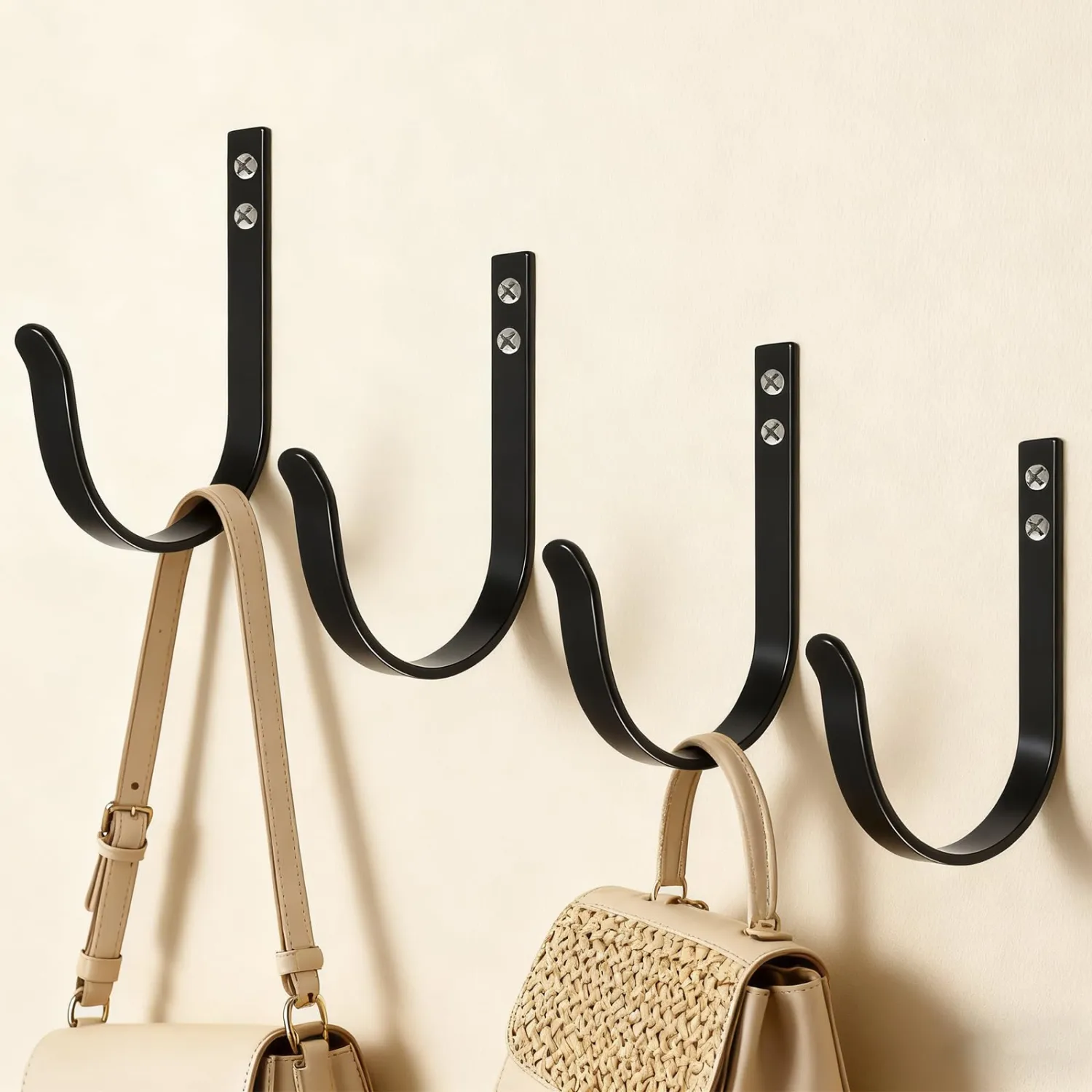 Wall Hooks for Hanging, Large Coat Hooks Wall Mount, Heavy Duty Screw in Metal Hooks for Wall (22LB), Towel Hooks for Bathrooms, Door, Mudroom, Backpack, Clothes, Closet, Purses, Black, 4 Pack