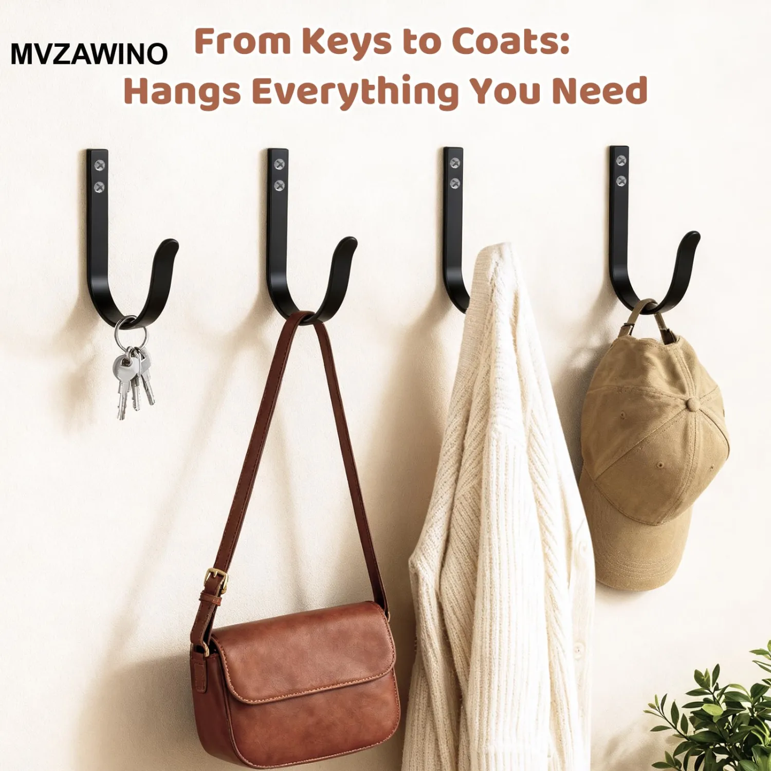 Wall Hooks for Hanging, Large Coat Hooks Wall Mount, Heavy Duty Screw in Metal Hooks for Wall (22LB), Towel Hooks for Bathrooms, Door, Mudroom, Backpack, Clothes, Closet, Purses, Black, 4 Pack