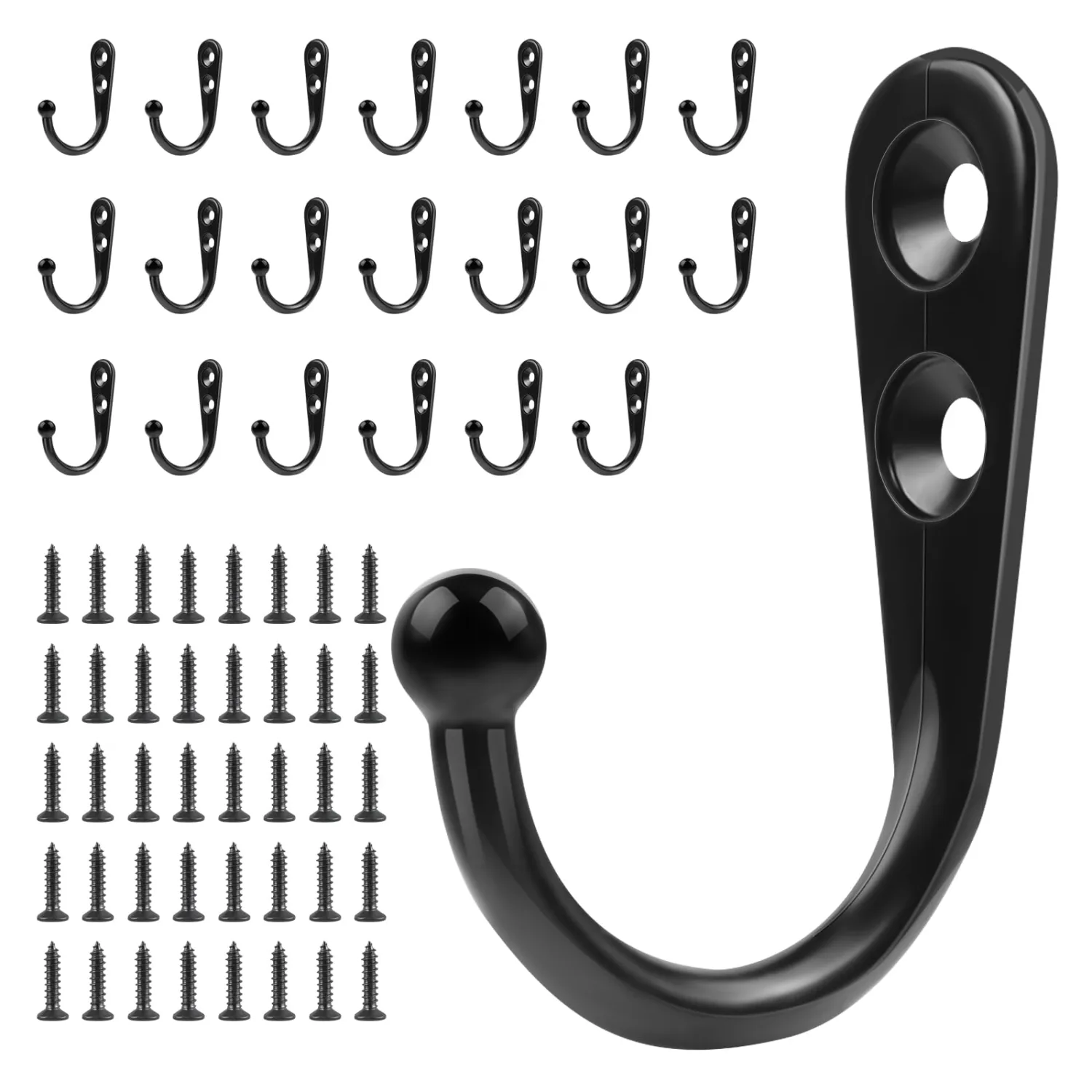 Black Wall Mounted Coat Hooks with Screws Wall Hooks for Hanging Coat Hooks for Hanging Hat, Robe, Coats, Bag, Scarf, Towel, Key, Cap, Cup, Mugs (20 Hooks with 40 Screws)