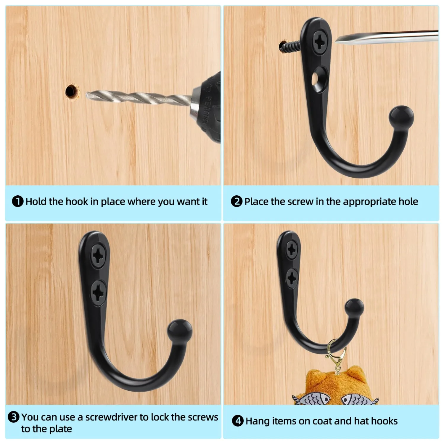 Black Wall Mounted Coat Hooks with Screws Wall Hooks for Hanging Coat Hooks for Hanging Hat, Robe, Coats, Bag, Scarf, Towel, Key, Cap, Cup, Mugs (20 Hooks with 40 Screws)