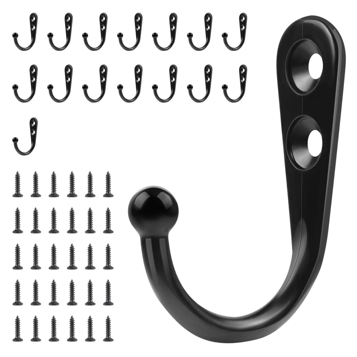 Black Wall Mounted Coat Hooks with Screws Wall Hooks for Hanging Coat Hooks for Hanging Hat, Robe, Coats, Bag, Scarf, Towel, Key, Cap, Cup, Mugs (15 Hooks with 30 Screws)