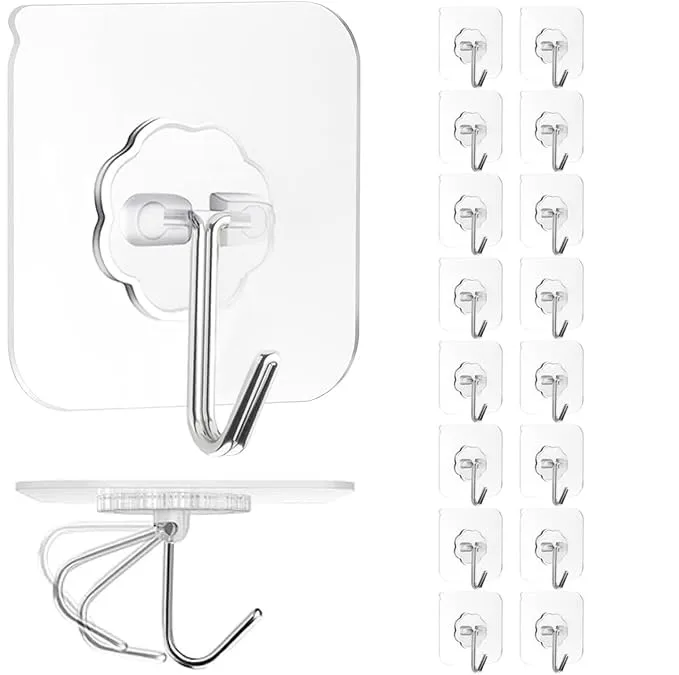 Adhesive Wall Hook, Set Heavy-Duty Thickened self-Adhesive Hook，16Pcs，33lb max Loading，Transparent, Waterproof, Bathroom, Outdoor, Kitchen, Doors, Practical Tools.