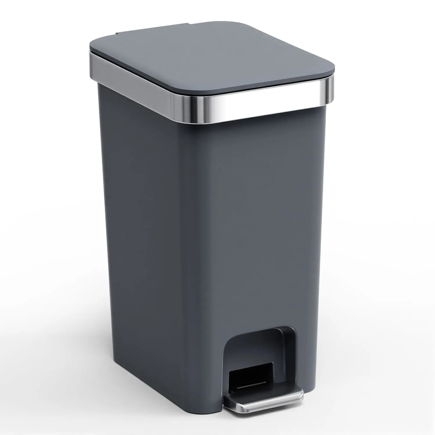 Bathroom Trash Can with Lid, 2.6 Gallon /10 Liter Small Garbage Can, Press Top Bin & Step Metal Pedal Trash Bin Plastic Wastebasket for Bedroom, Office, Kitchen, Dorm (Black Gray)