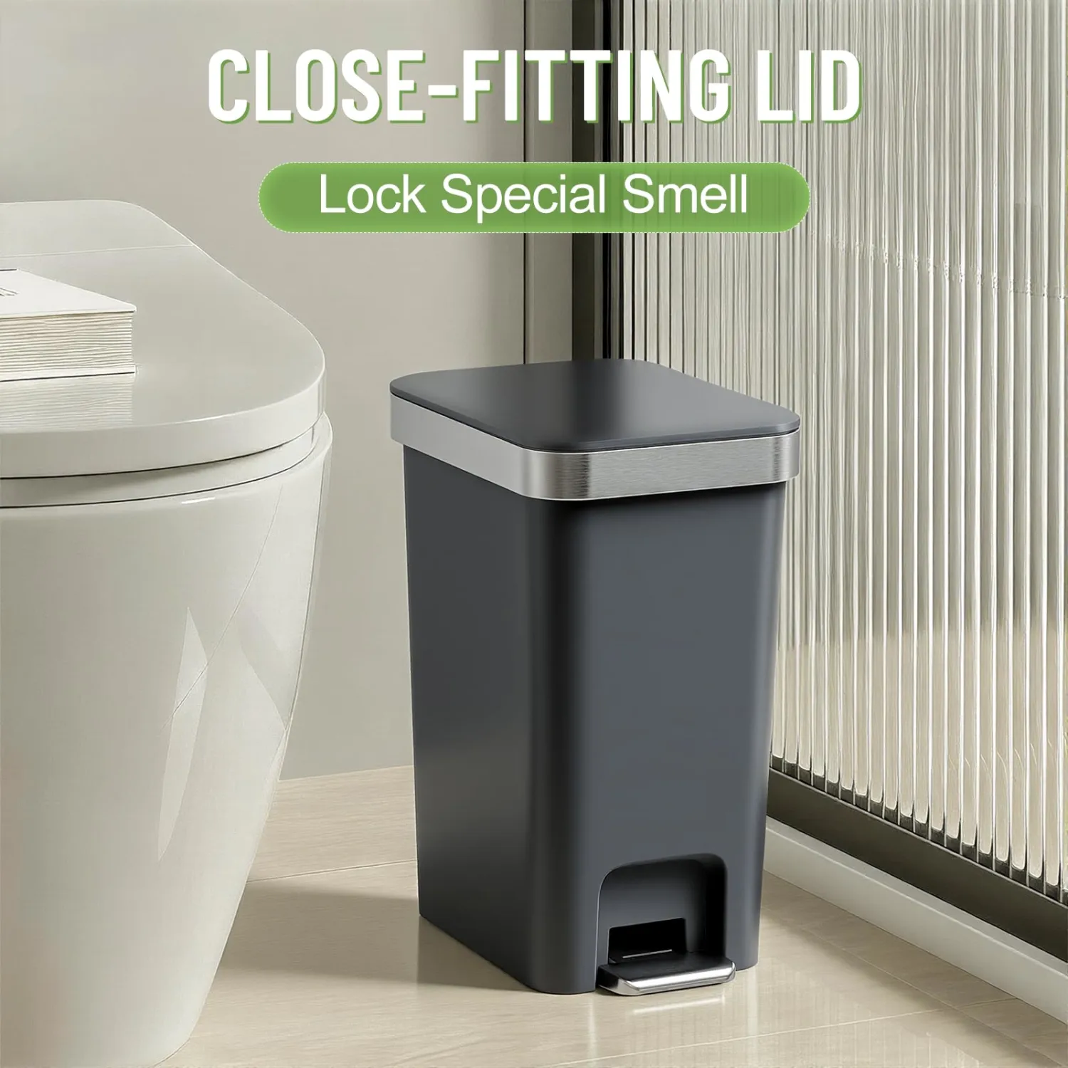Bathroom Trash Can with Lid, 2.6 Gallon /10 Liter Small Garbage Can, Press Top Bin & Step Metal Pedal Trash Bin Plastic Wastebasket for Bedroom, Office, Kitchen, Dorm (Black Gray)