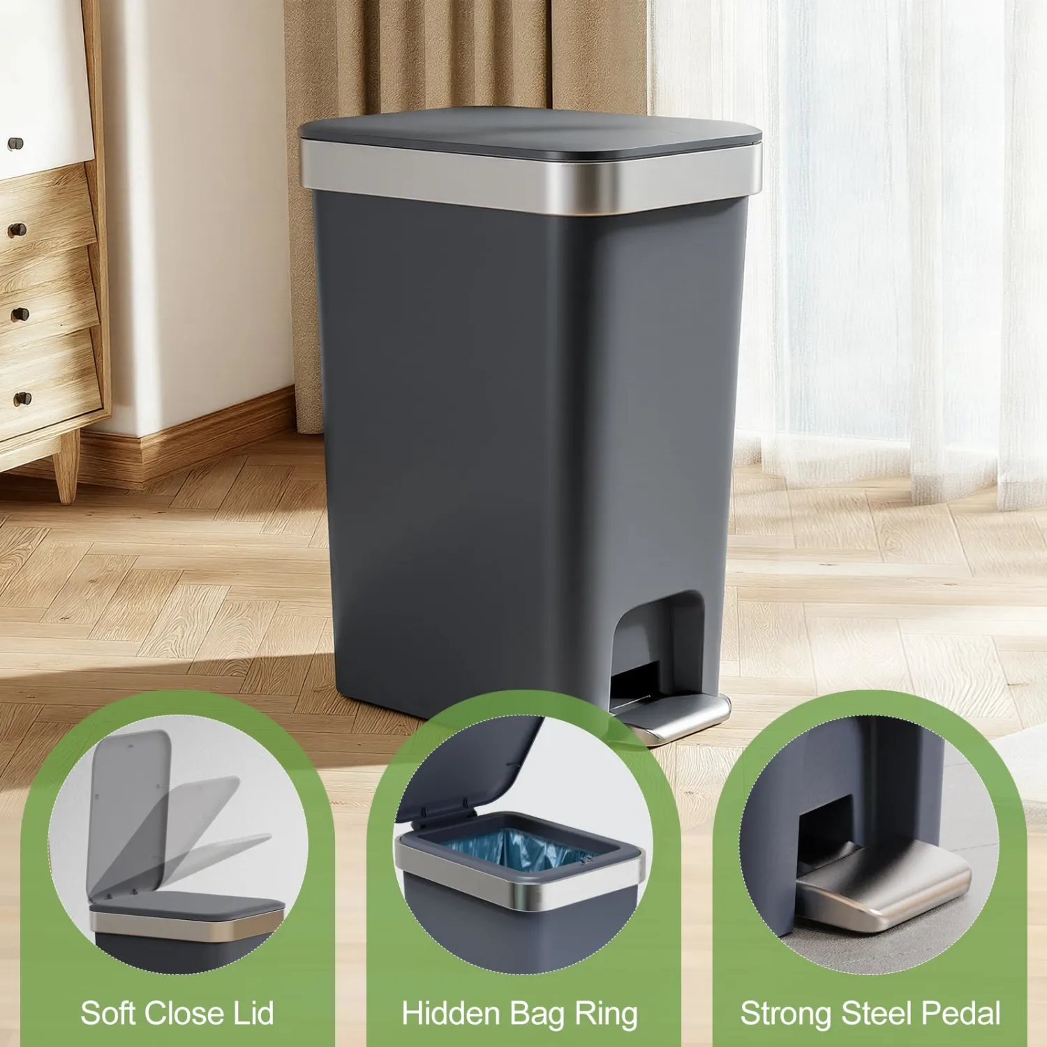 Bathroom Trash Can with Lid, 2.6 Gallon /10 Liter Small Garbage Can, Press Top Bin & Step Metal Pedal Trash Bin Plastic Wastebasket for Bedroom, Office, Kitchen, Dorm (Black Gray)