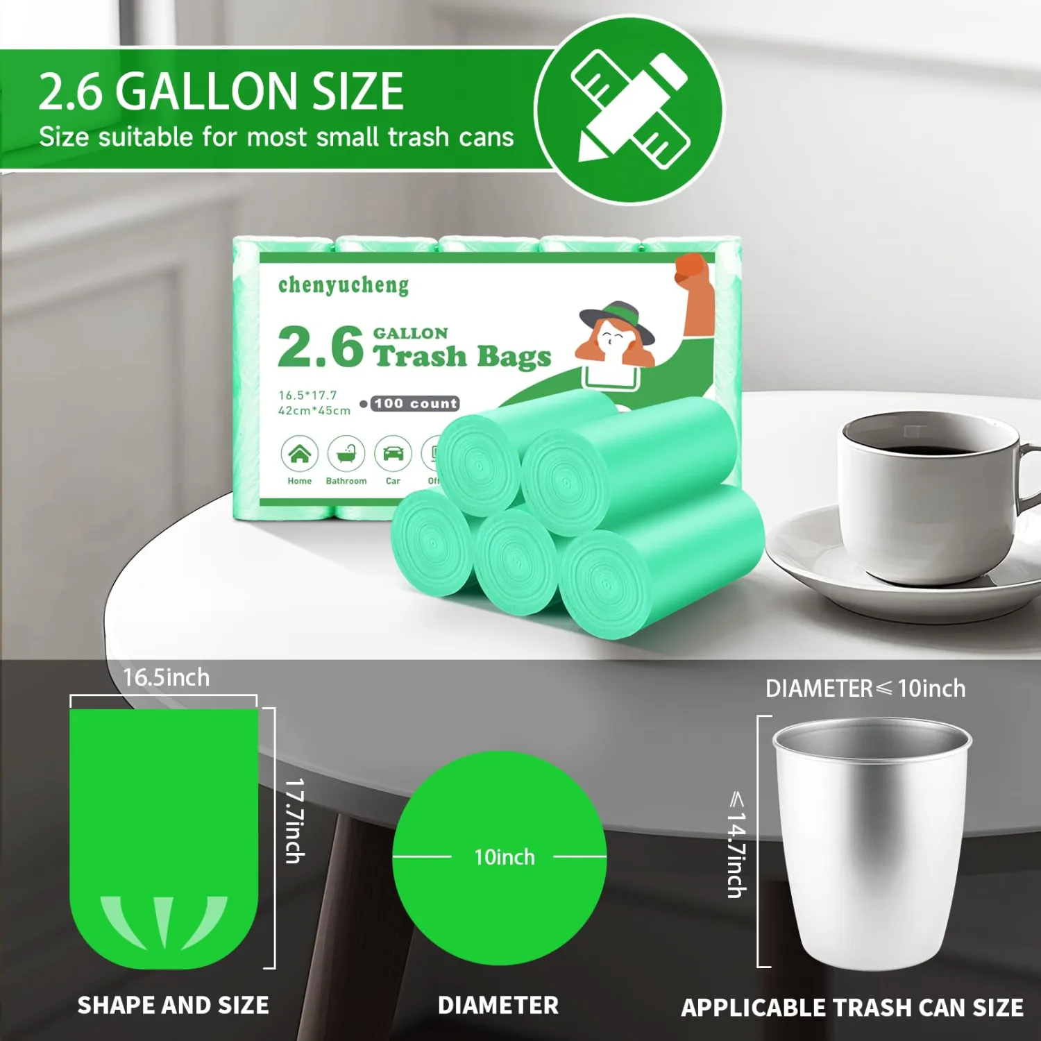 2.6 Gallon Small Biodegradable Trash Bag - Mini Kitchen Bathroom Garbage Bags Green Unscented Compostable 100 Count 10 Liter Waste Basket Liners Office Tiny Car Bulk Strong Thick Chenyucheng
