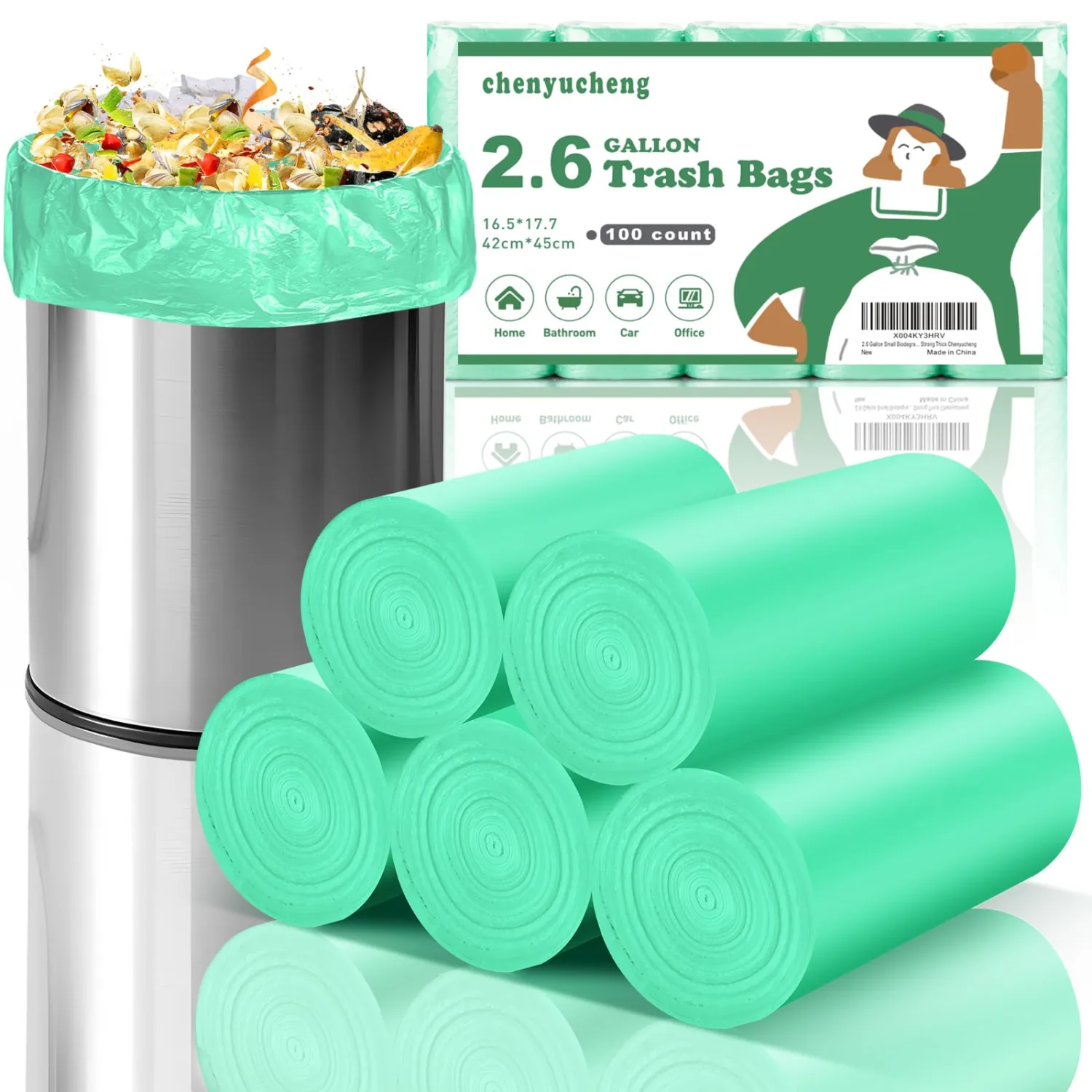 2.6 Gallon Small Biodegradable Trash Bag - Mini Kitchen Bathroom Garbage Bags Green Unscented Compostable 100 Count 10 Liter Waste Basket Liners Office Tiny Car Bulk Strong Thick Chenyucheng