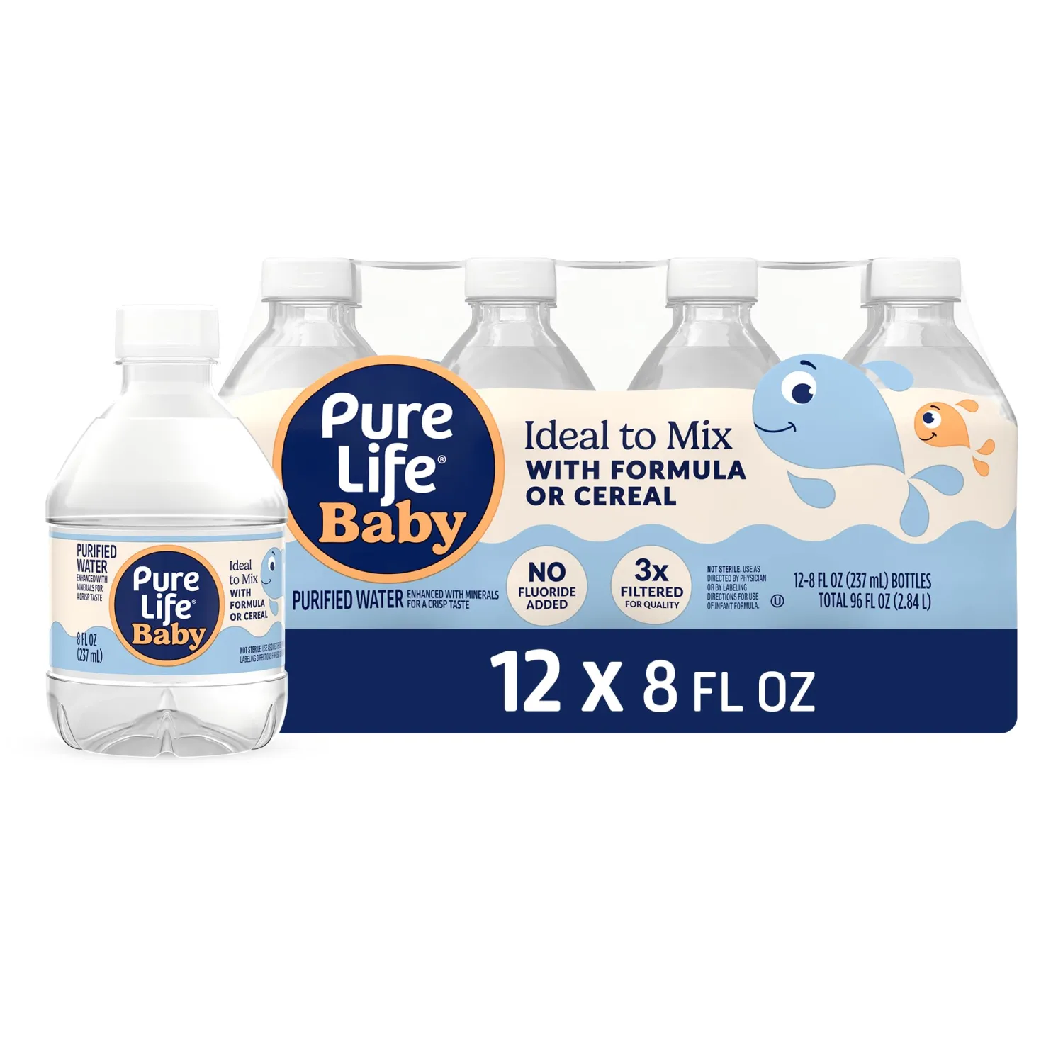Pure Life Baby, Purified Water with Minerals Added for Taste, Ideal to Mix with Formula or Cereal - No Fluoride Added & 3x Filtered for Quality - 8 Fl Oz Mini Bottles