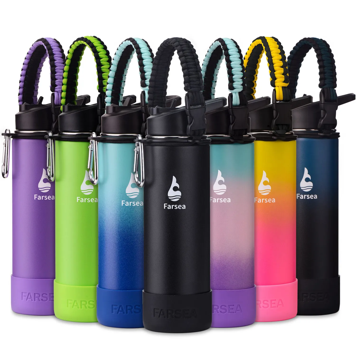 Farsea Insulated Water Bottle With Paracord Handle, Protective Boot and 2 Lids (Straw Lid & Spout Lid), Stainless Steel Water Bottle Wide Mouth, Double Wall Sweat-Proof BPA-Free, 24 oz