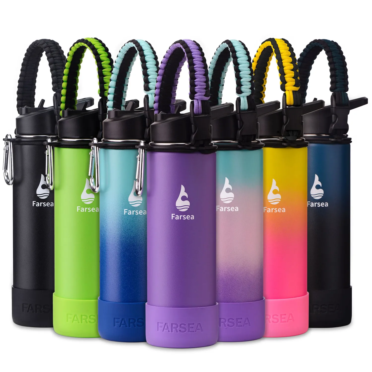 Farsea Insulated Water Bottle With Paracord Handle, Protective Boot and 2 Lids (Straw Lid & Spout Lid), Stainless Steel Water Bottle Wide Mouth, Double Wall Sweat-Proof BPA-Free, 24 oz