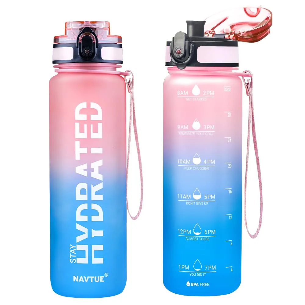 Water Bottle, 32oz Sports Water Bottles with Time Marker Wide Mouth, Motivational and Leakproof Drink Bottle, BPA Free Tritan with Carry Strap for Gym Fitness Outdoor(1 Bottle)