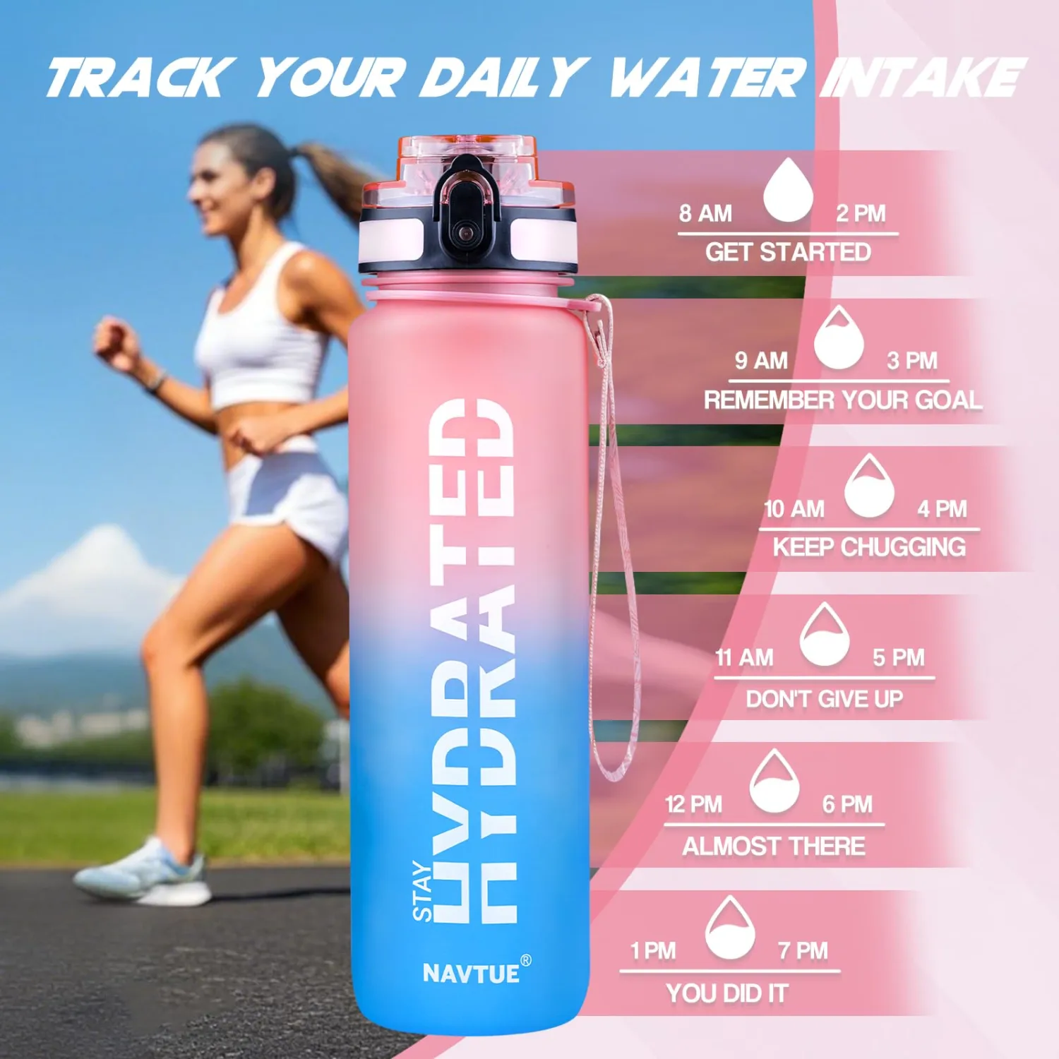 Water Bottle, 32oz Sports Water Bottles with Time Marker Wide Mouth, Motivational and Leakproof Drink Bottle, BPA Free Tritan with Carry Strap for Gym Fitness Outdoor(1 Bottle)