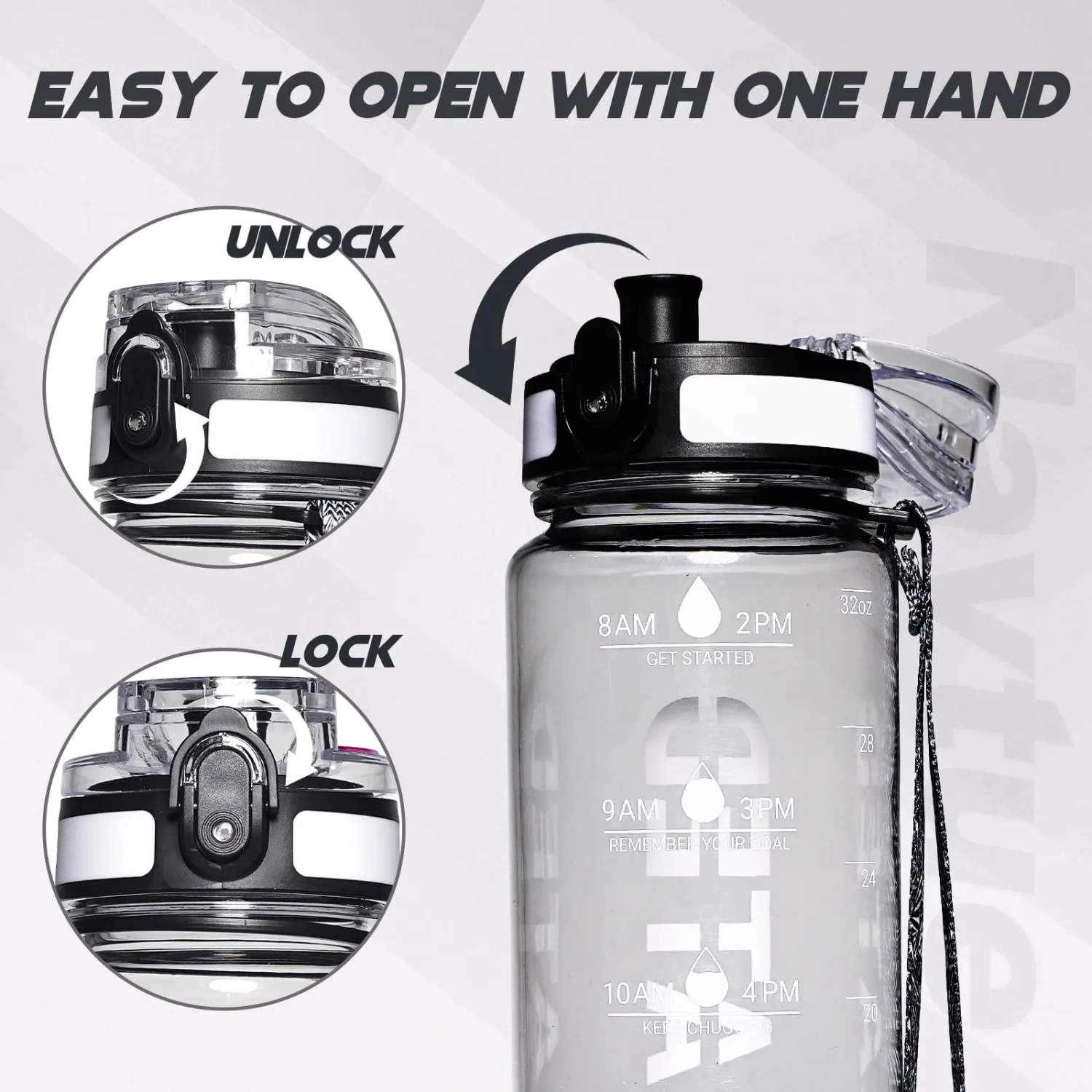 Water Bottle, 32 oz Sports Water Bottles with Time Marker Wide Mouth, Motivational and Leakproof Drink Bottle, BPA Free Tritan with Carry Strap for Gym Fitness Outdoor(1 Bottle)