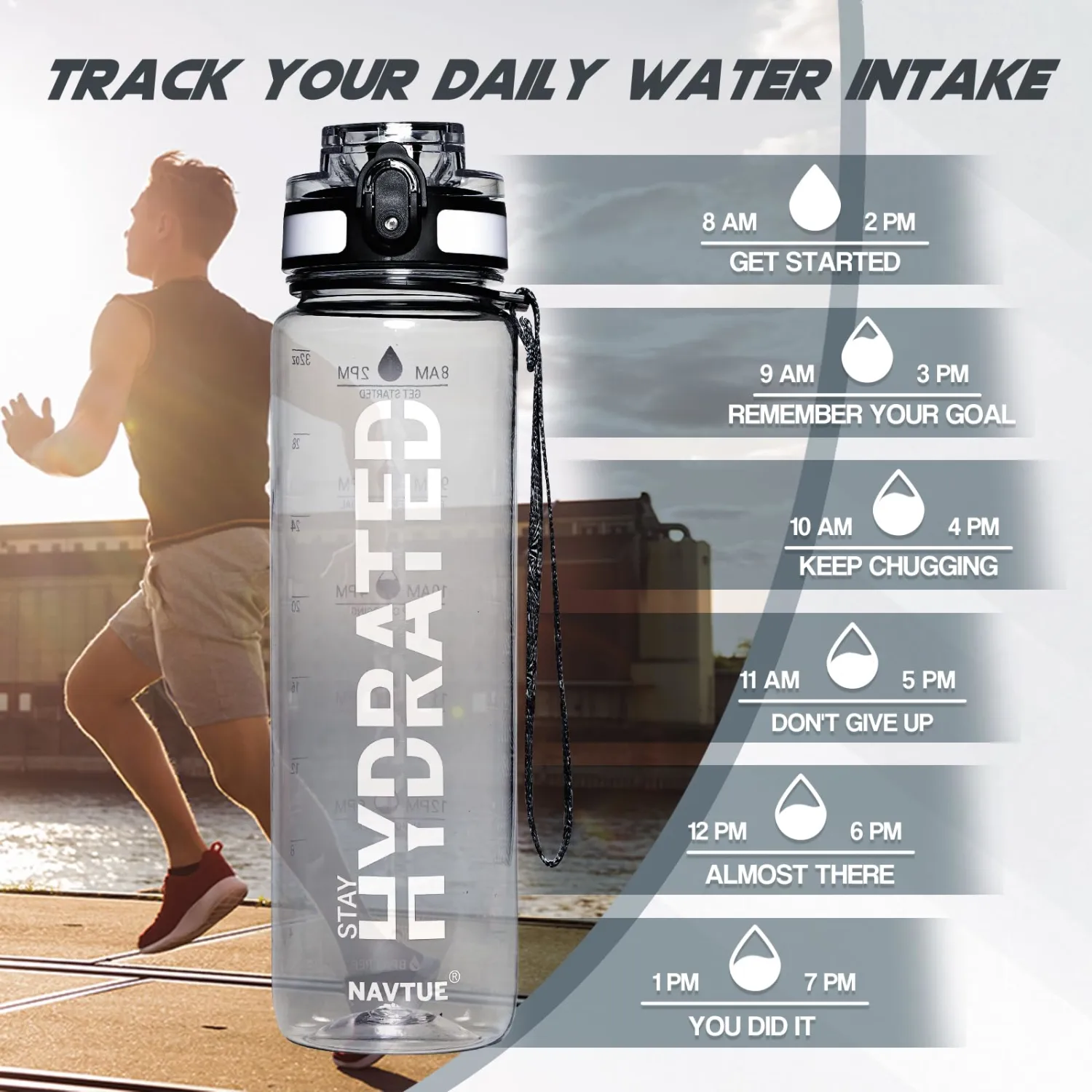 Water Bottle, 32 oz Sports Water Bottles with Time Marker Wide Mouth, Motivational and Leakproof Drink Bottle, BPA Free Tritan with Carry Strap for Gym Fitness Outdoor(1 Bottle)