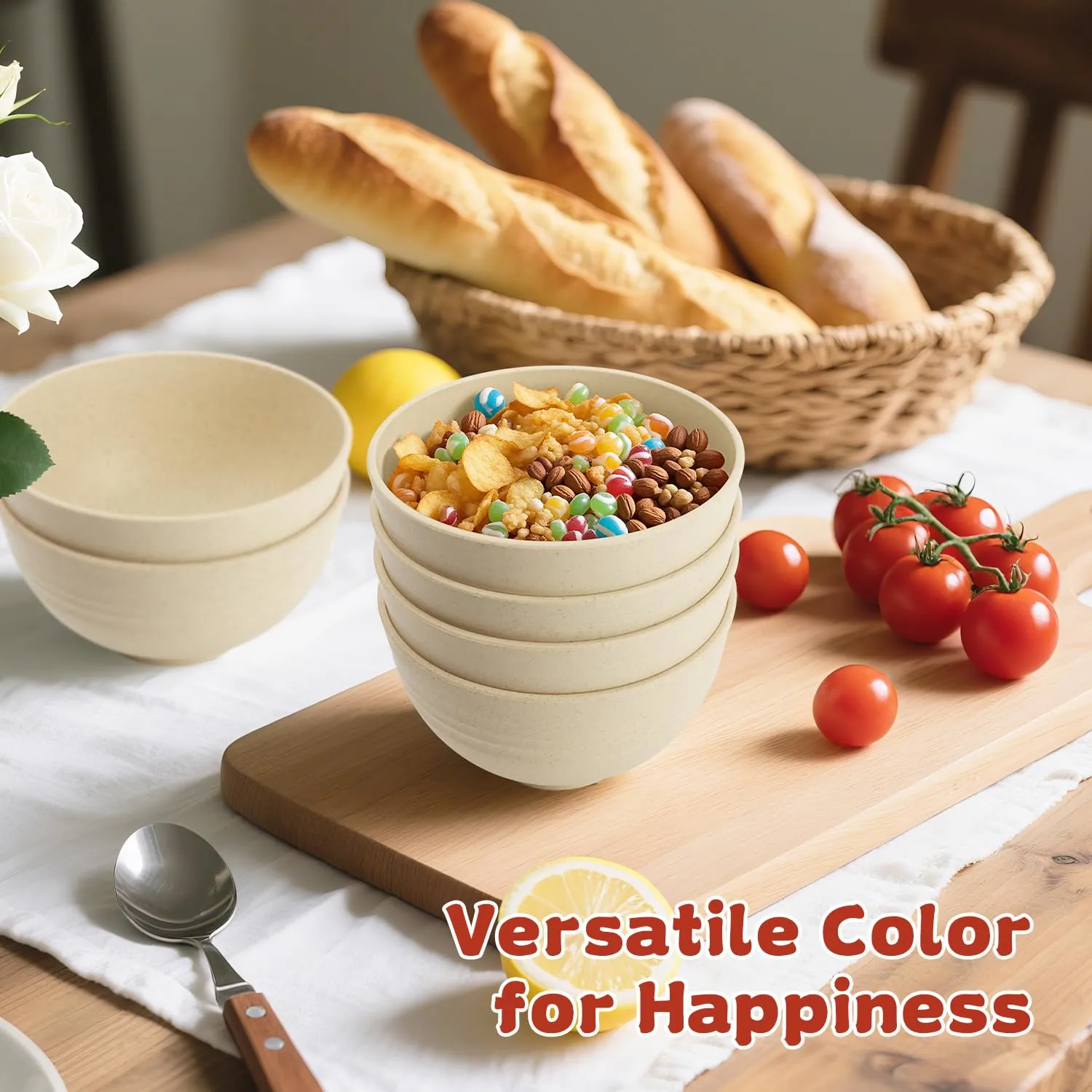 Wrova Small Wheat Straw Bowls Sets of 6,Dishwasher Safe and Microwave Safe Snack Bowls 10oz,Alternative Handy Plastic Bowls Reusable for Snack and Ice Cream.Beige Series
