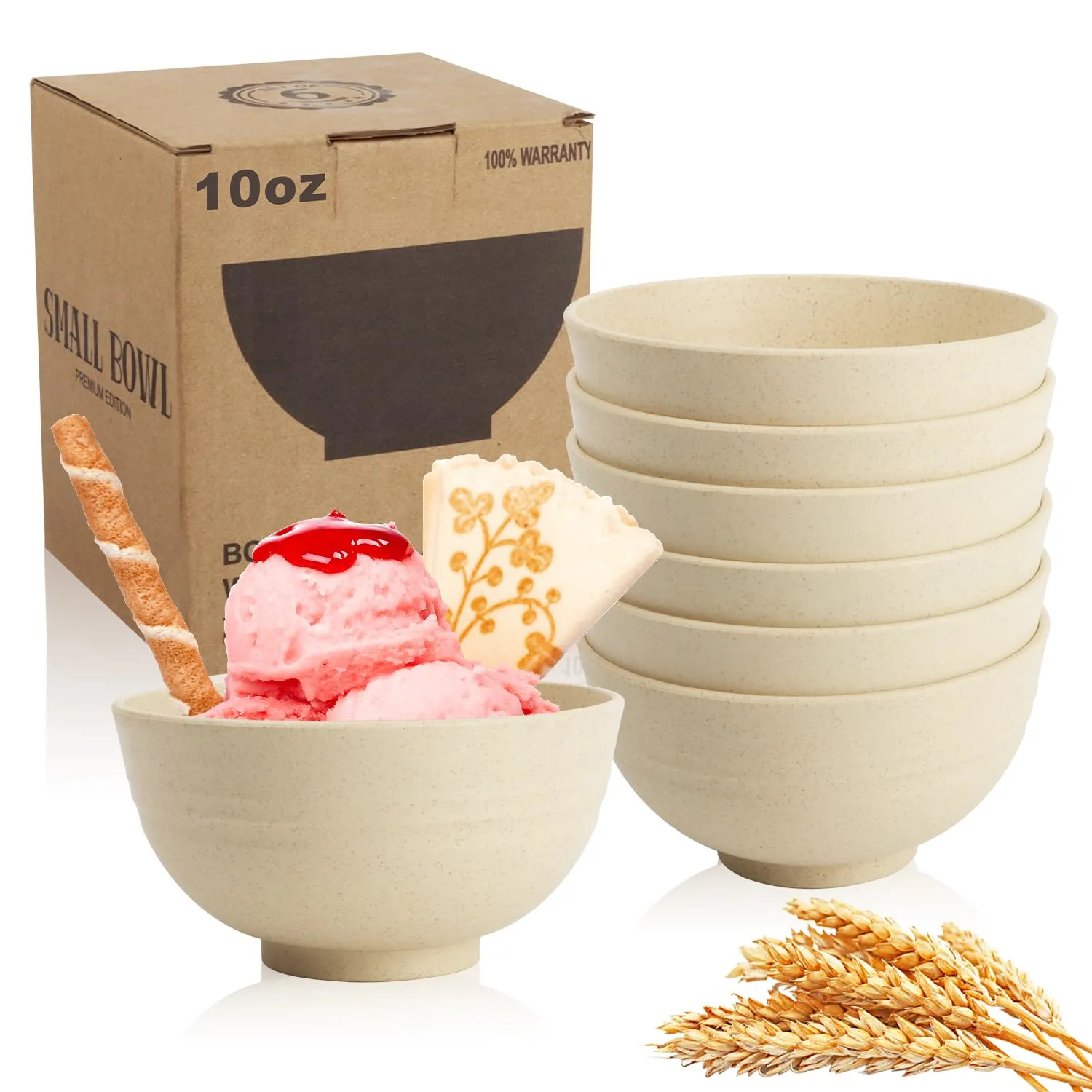 Wrova Small Wheat Straw Bowls Sets of 6,Dishwasher Safe and Microwave Safe Snack Bowls 10oz,Alternative Handy Plastic Bowls Reusable for Snack and Ice Cream.Beige Series