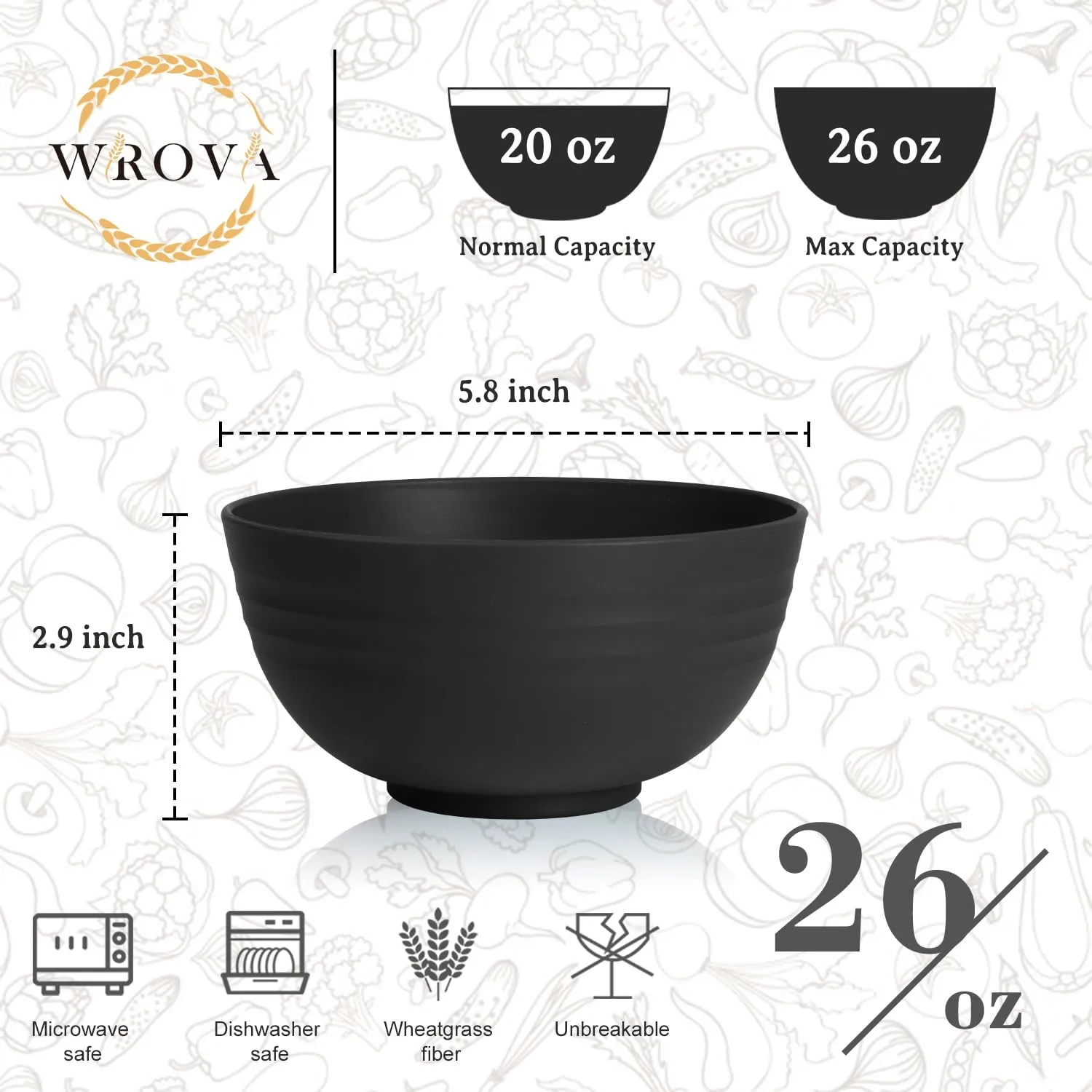 Wrova Wheat Straw Camping Bowls Sets of 6,Unbreakable 26oz Lightweight Bowls Sets for Outdoors Activity,Breakfast Bowls for Cereal and Salad.Black Series