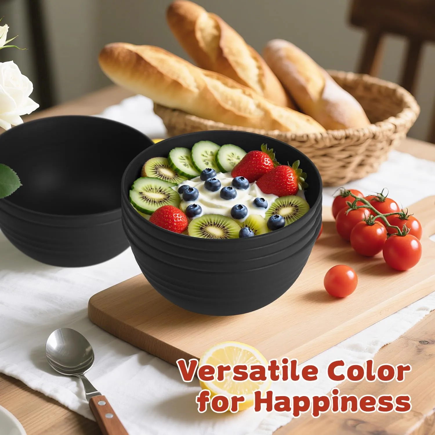 Wrova Wheat Straw Camping Bowls Sets of 6,Unbreakable 26oz Lightweight Bowls Sets for Outdoors Activity,Breakfast Bowls for Cereal and Salad.Black Series