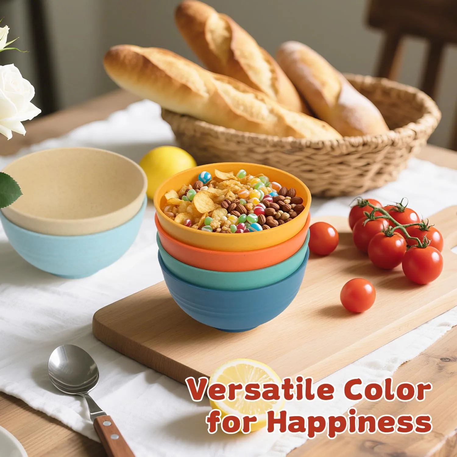 Wrova Handy Wheat Straw Bowls Set of 6,Unbreakable Ice-Cream Bowls Sets for Kids,10oz Small Dessert Bowls for Kitchen,Camping and RV.Vibrant Series