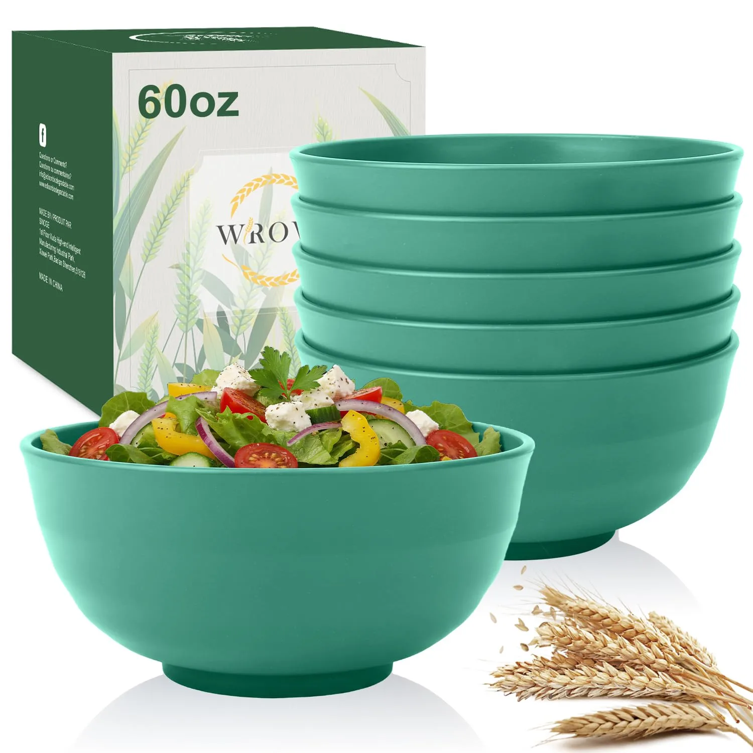 Wrova Wheat Straw Bowls 60oz, Unbreakable Large Cereal Bowls Set of 6, Plastic Bowls Reusable Salad Soup Bowls Microwave Safe, Big Bowl for Kitchen and Apartment, Large Bowls for Eating- Green