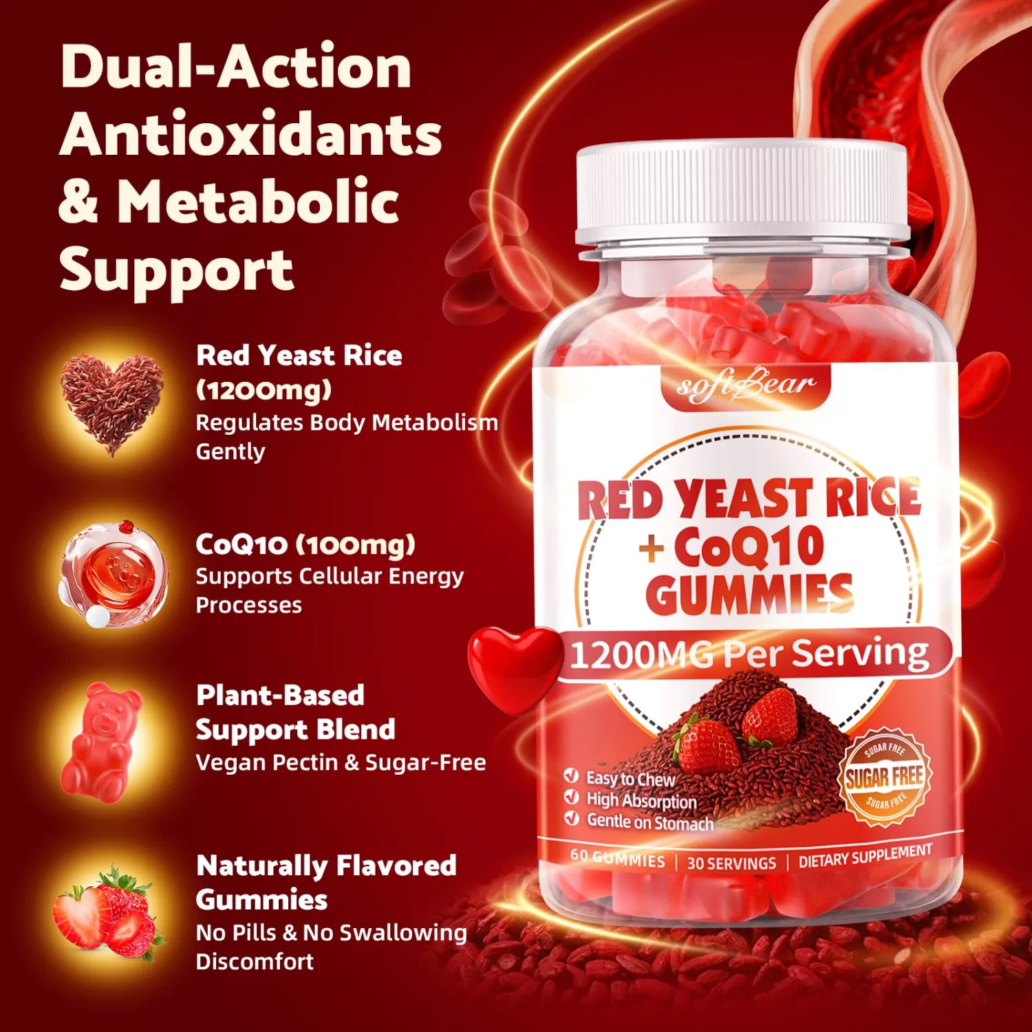 softbear Red Yeast Rice with CoQ10 Gummies, Organic Red Yeast Rice Supplement 1200mg with CoQ10 200mg for Women & Men, Sugar Free/Vegan/Non-GMO, Strawberry Flavor, 60 Count