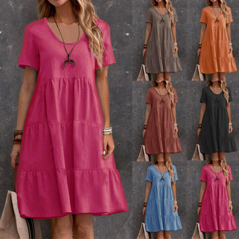 U-neck Solid-color Swing Casual Short Skirt Dress