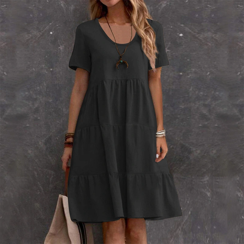 U-neck Solid-color Swing Casual Short Skirt Dress