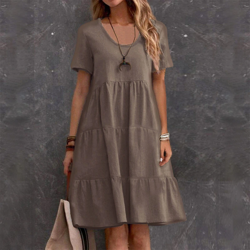 U-neck Solid-color Swing Casual Short Skirt Dress