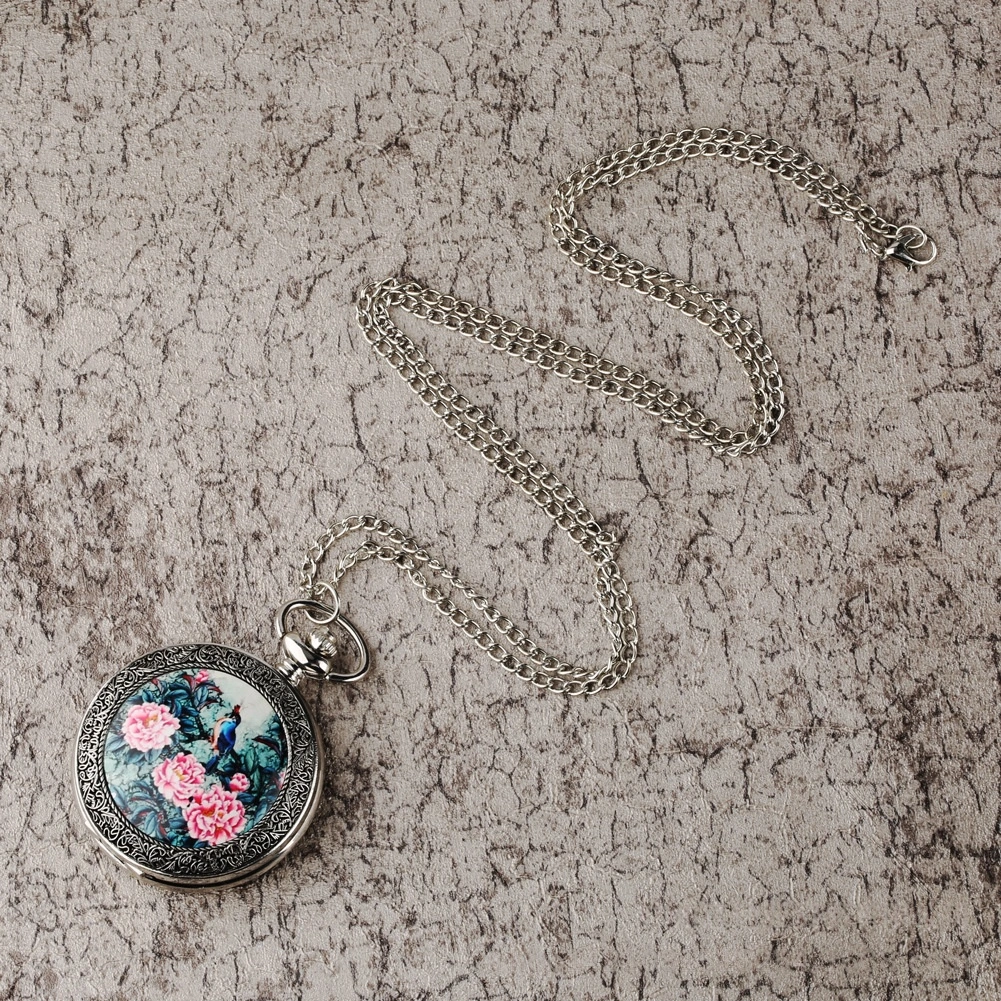 Retro Oil Painting Flower-and-Bird Quartz Pocket Watch