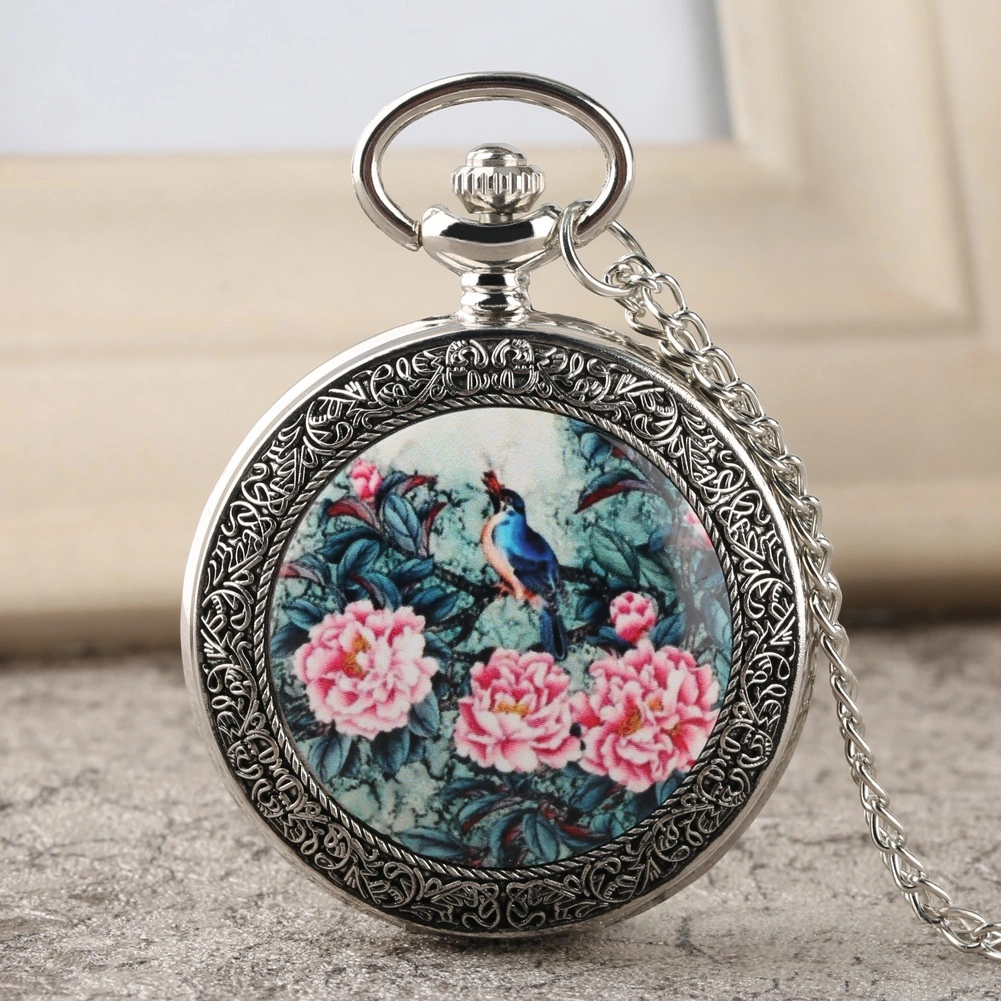 Retro Oil Painting Flower-and-Bird Quartz Pocket Watch