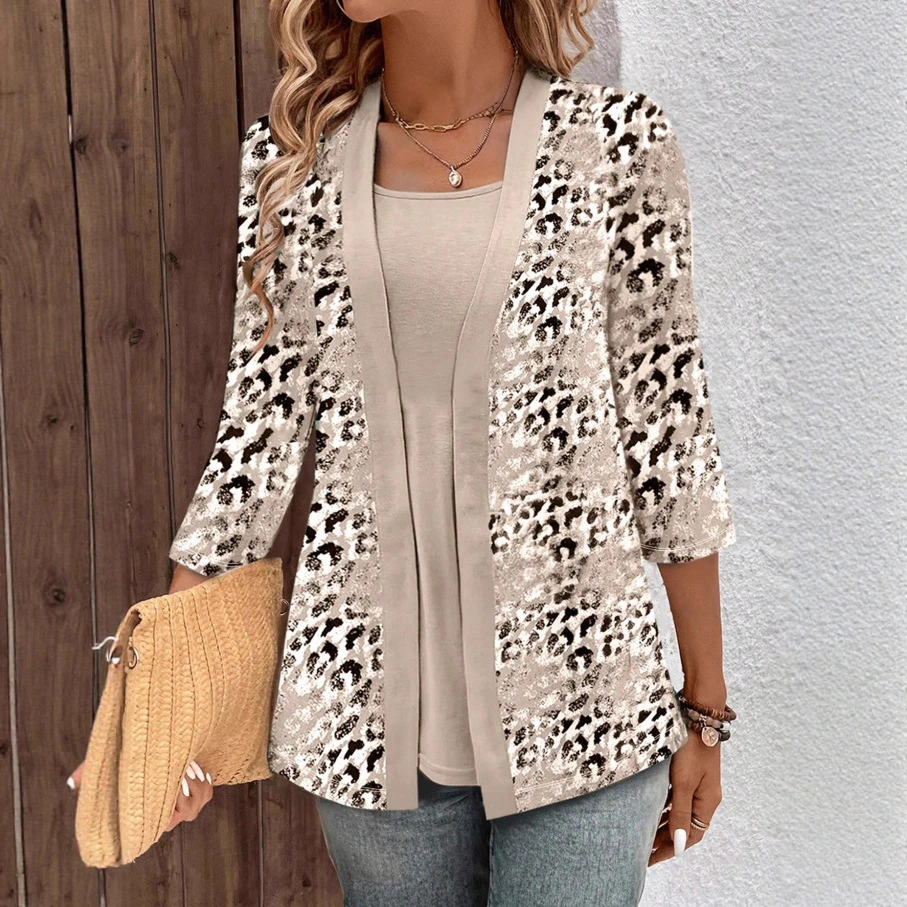 Womens Autumn New Arrival Cardigan Digital Print Fake Two-Piece Womens T-Shirt