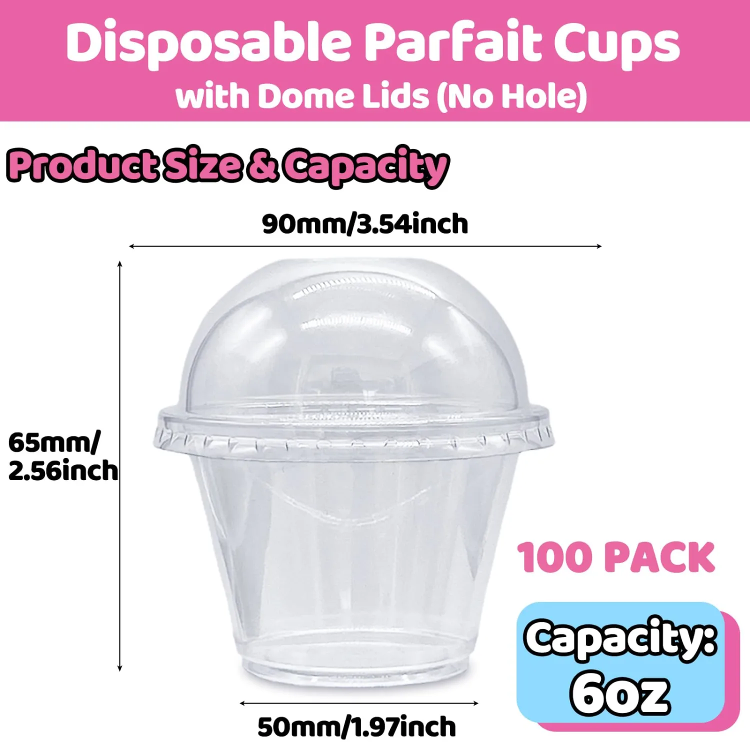 Alaeseje 100 Pack 6 oz Plastic Cups with Dome Lids (No Hole),Crystal Clear PET Dessert Cups,Disposable Party Dessert Cups for Fruit,Parfait,Pudding,Yogurt,Ice Cream,Cold Drinks