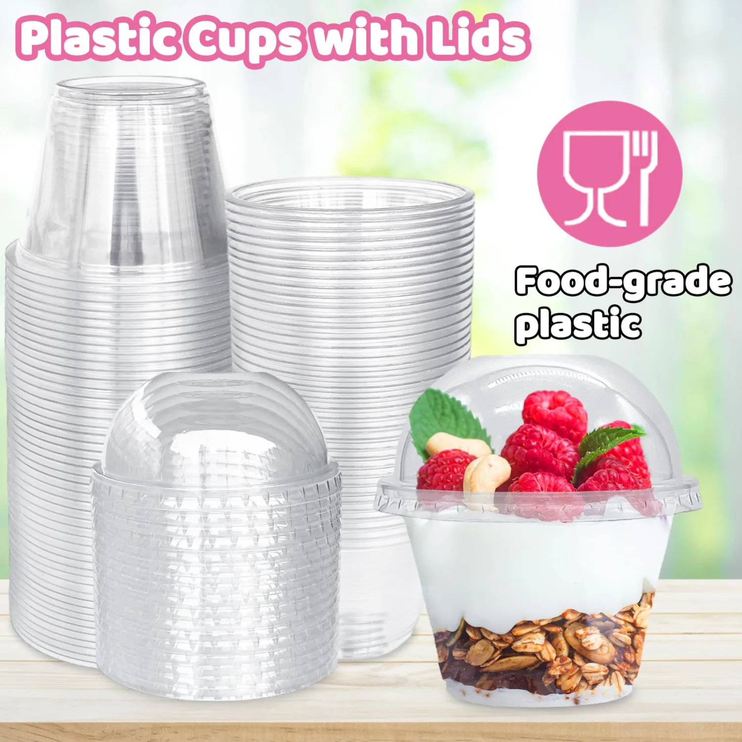 Alaeseje 100 Pack 6 oz Plastic Cups with Dome Lids (No Hole),Crystal Clear PET Dessert Cups,Disposable Party Dessert Cups for Fruit,Parfait,Pudding,Yogurt,Ice Cream,Cold Drinks