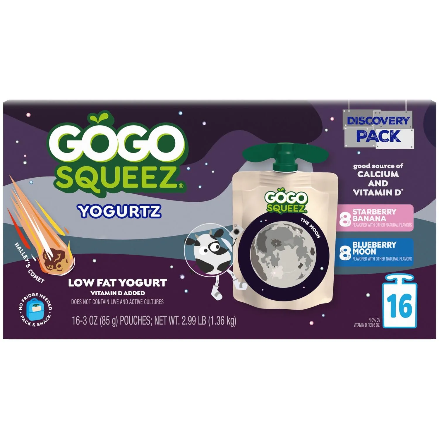 GoGo SqueeZ Low Fat YogurtZ Space Discovery Variety Pack, Strawberry Banana and Blueberry Moon 3 oz Pouches (Pack of 16), Kids Snacks Made from Real Yogurt and Fruit, Gluten Free, Nut Free, Recloseable Cap, BPA Free