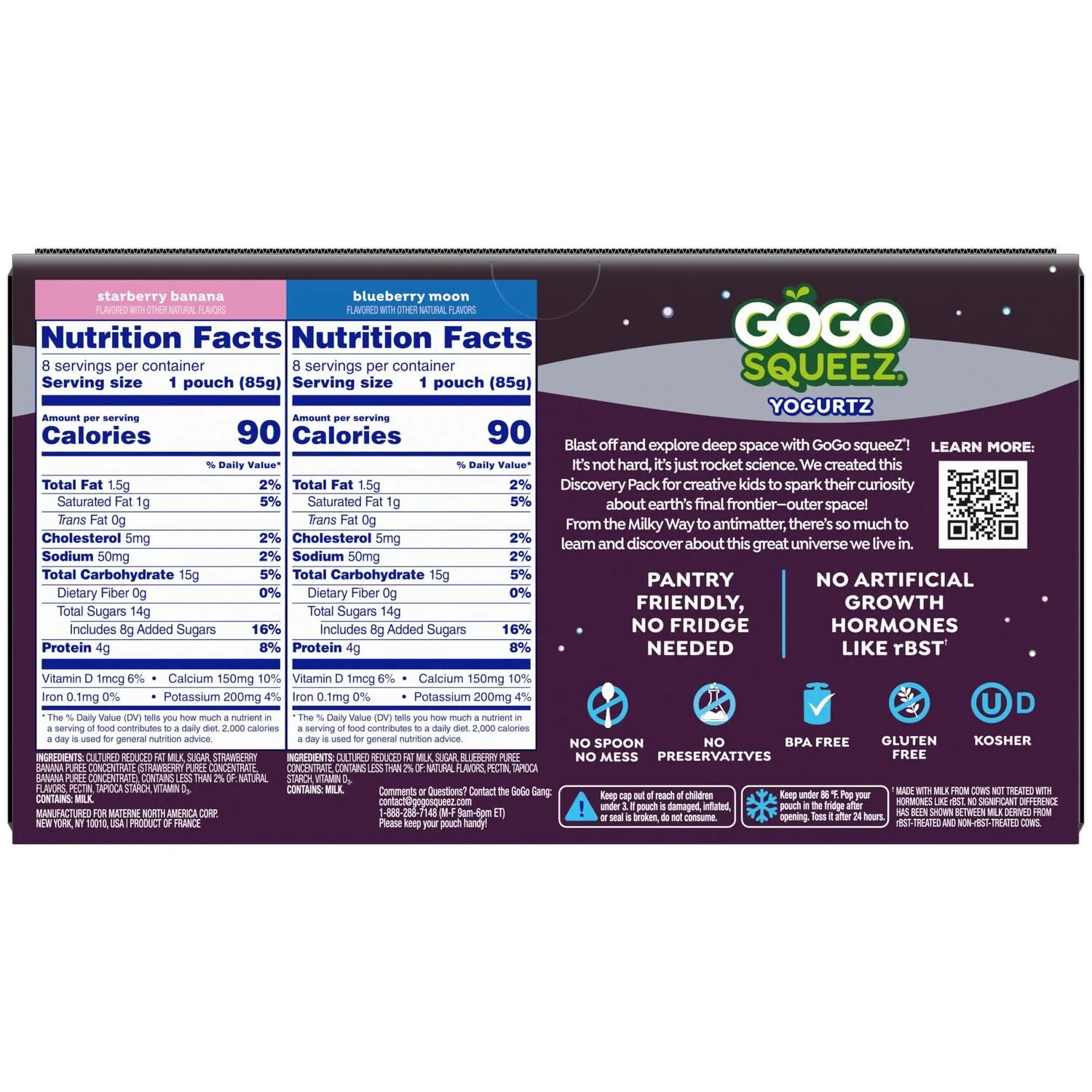 GoGo SqueeZ Low Fat YogurtZ Space Discovery Variety Pack, Strawberry Banana and Blueberry Moon 3 oz Pouches (Pack of 16), Kids Snacks Made from Real Yogurt and Fruit, Gluten Free, Nut Free, Recloseable Cap, BPA Free