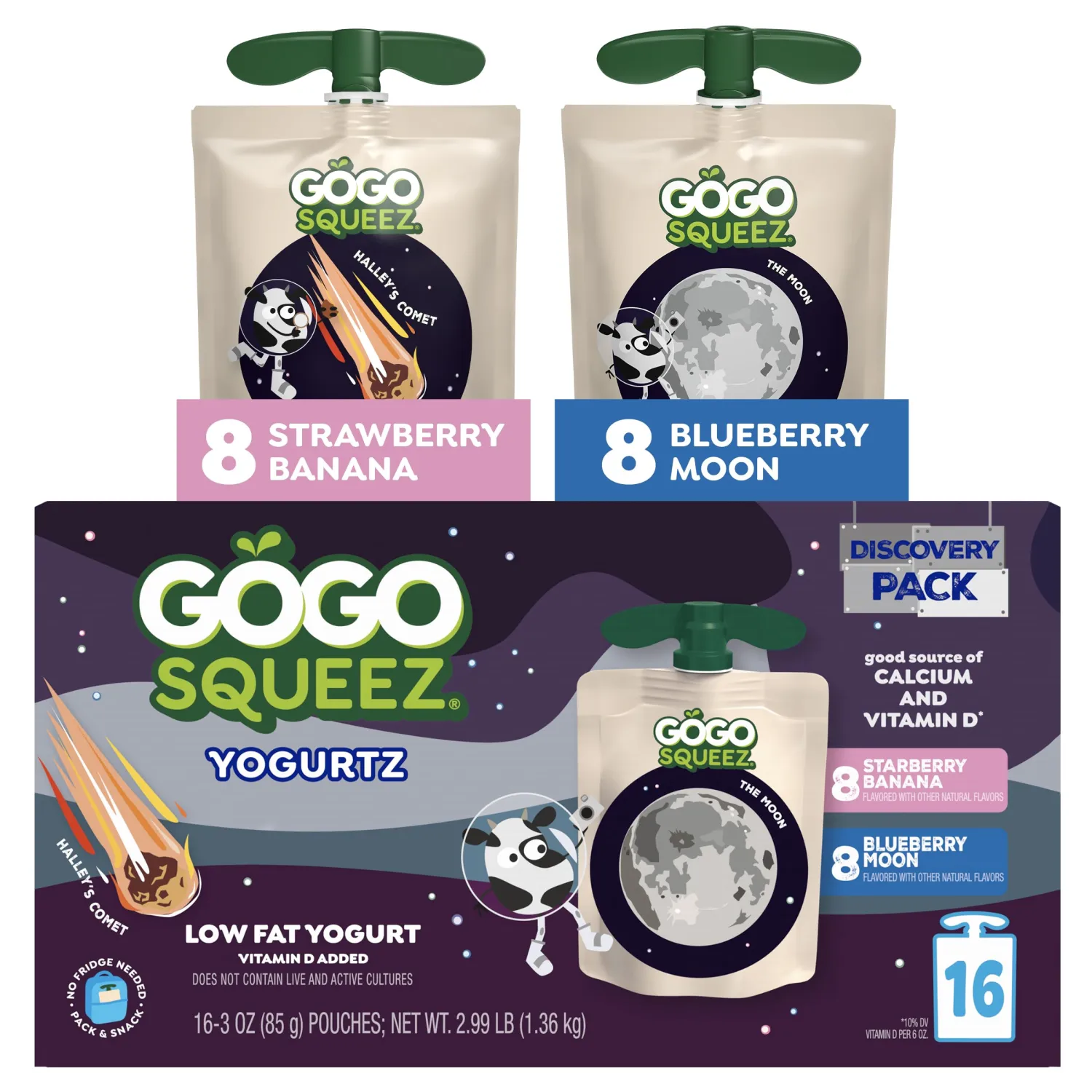 GoGo SqueeZ Low Fat YogurtZ Space Discovery Variety Pack, Strawberry Banana and Blueberry Moon 3 oz Pouches (Pack of 16), Kids Snacks Made from Real Yogurt and Fruit, Gluten Free, Nut Free, Recloseable Cap, BPA Free