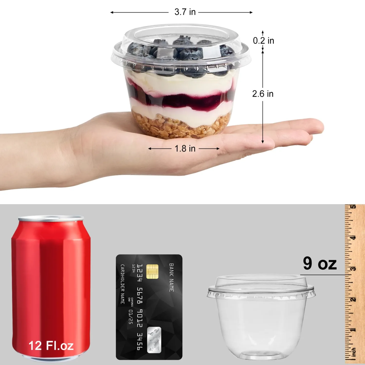 [50 Sets, 9 oz Dessert Cups with Lids, Cute Round Bottom Plastic Fruit Cups with Lid for Parfait, Yogurt, Pudding, Cake, Ice Cream, To Go Snack, Party Supplies