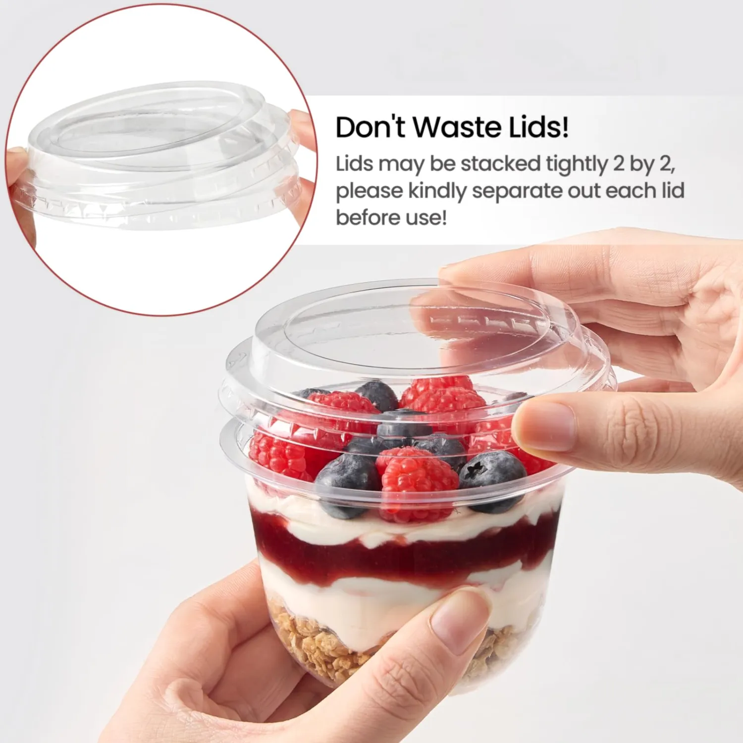 [50 Sets, 9 oz Dessert Cups with Lids, Cute Round Bottom Plastic Fruit Cups with Lid for Parfait, Yogurt, Pudding, Cake, Ice Cream, To Go Snack, Party Supplies