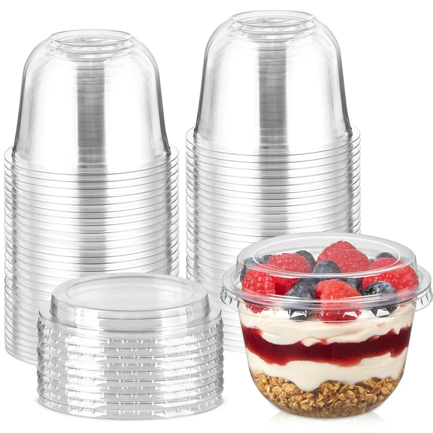 [50 Sets, 9 oz Dessert Cups with Lids, Cute Round Bottom Plastic Fruit Cups with Lid for Parfait, Yogurt, Pudding, Cake, Ice Cream, To Go Snack, Party Supplies