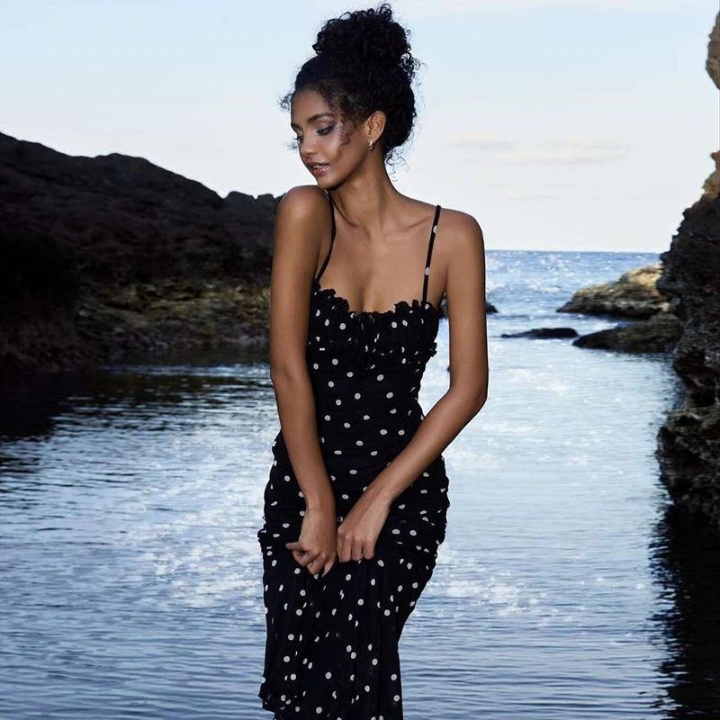 Elegant Slim-Fit Backless Polka-Dot Slip Dress