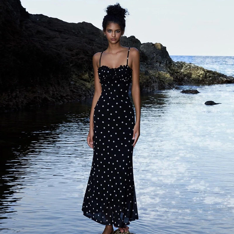 Elegant Slim-Fit Backless Polka-Dot Slip Dress