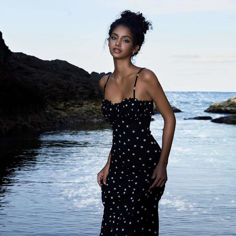 Elegant Slim-Fit Backless Polka-Dot Slip Dress